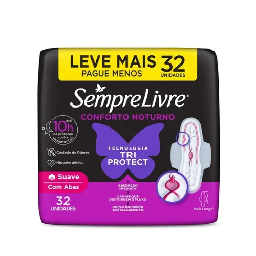 ABSORVENTE SEMPRE LIVRE CONFORTO NOTURNO SUAVE COM ABAS 32UN