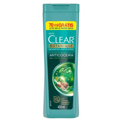 SHAMPOO CLEAR BOTANIQUE LEVE 400 ML PAGUE 330ML ANTICOCEIRA JOJOBA E MELALEUCA